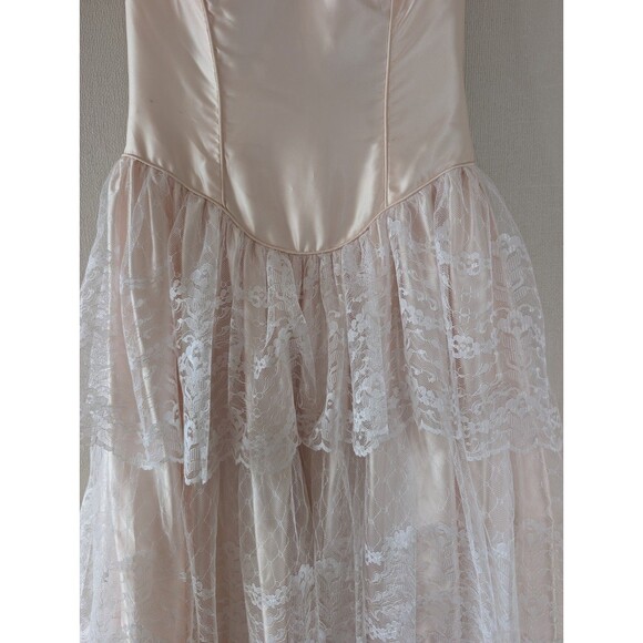 Vintage FLIRTATIONS 80s Prom Dress M Pink Satin Lace Strapless Union ILGWU USA - Picture 10 of 13